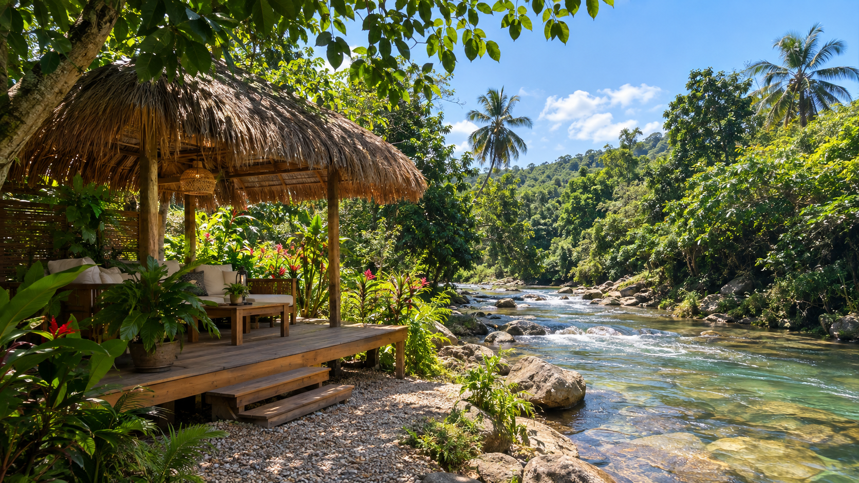 Palapa junto al río en el entorno de Rivera Verde Residences
