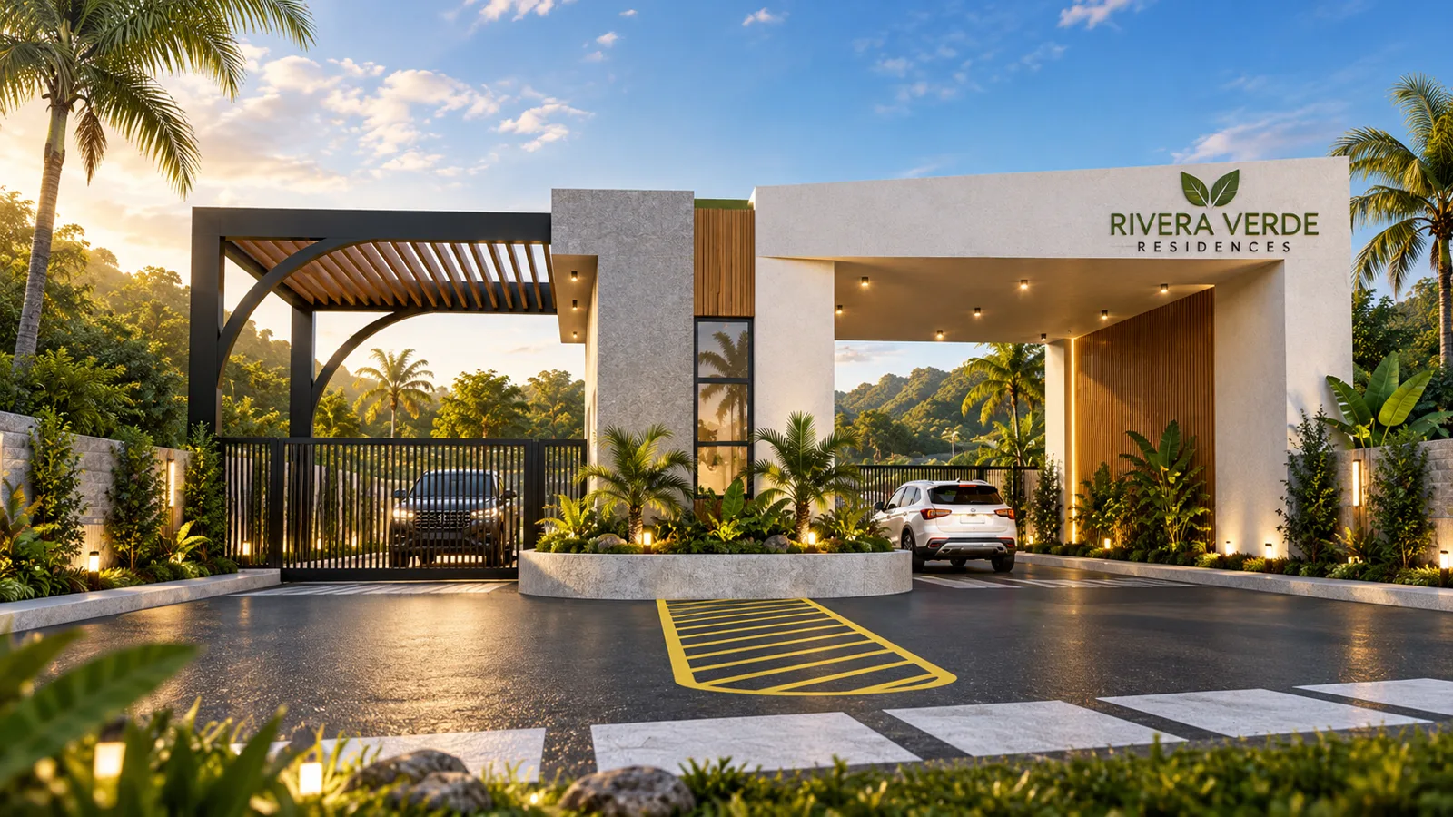 Render del acceso principal con caseta de control de Rivera Verde Residences