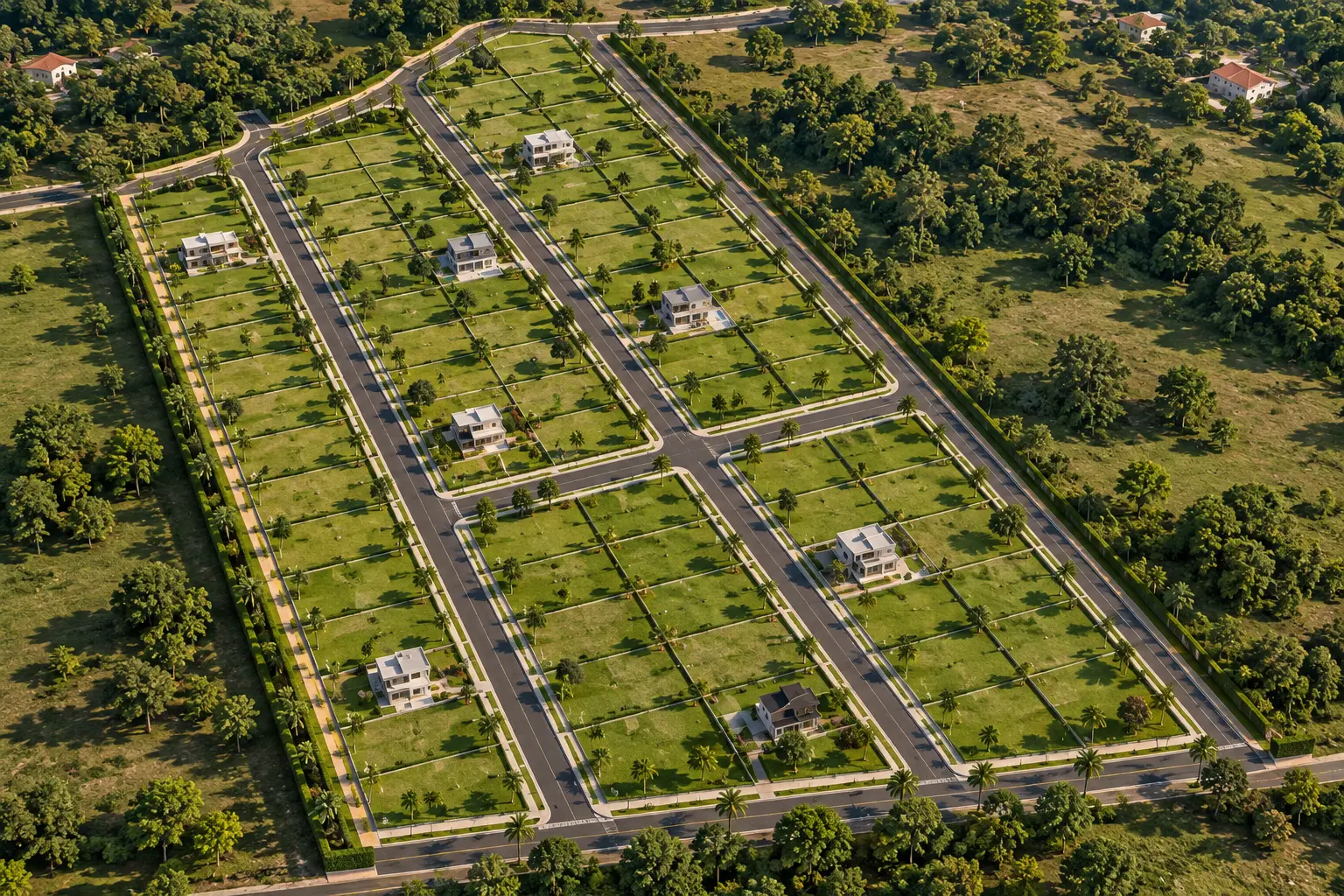 Vista aérea de la urbanización de solares con calles, áreas verdes y casas modelo