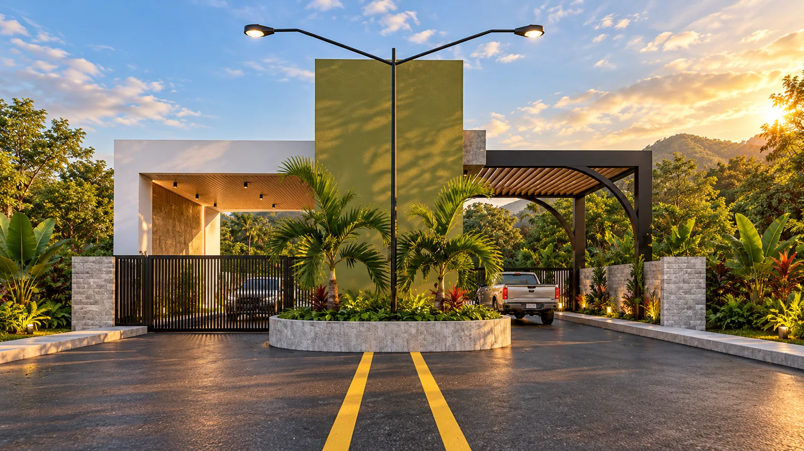 Render de la caseta de control y el acceso vehicular de Rivera Verde Residences a contraluz