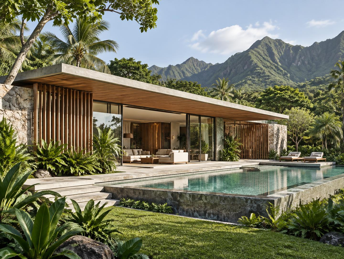 Concepto arquitectónico de villa pabellón con piscina y paisaje tropical
