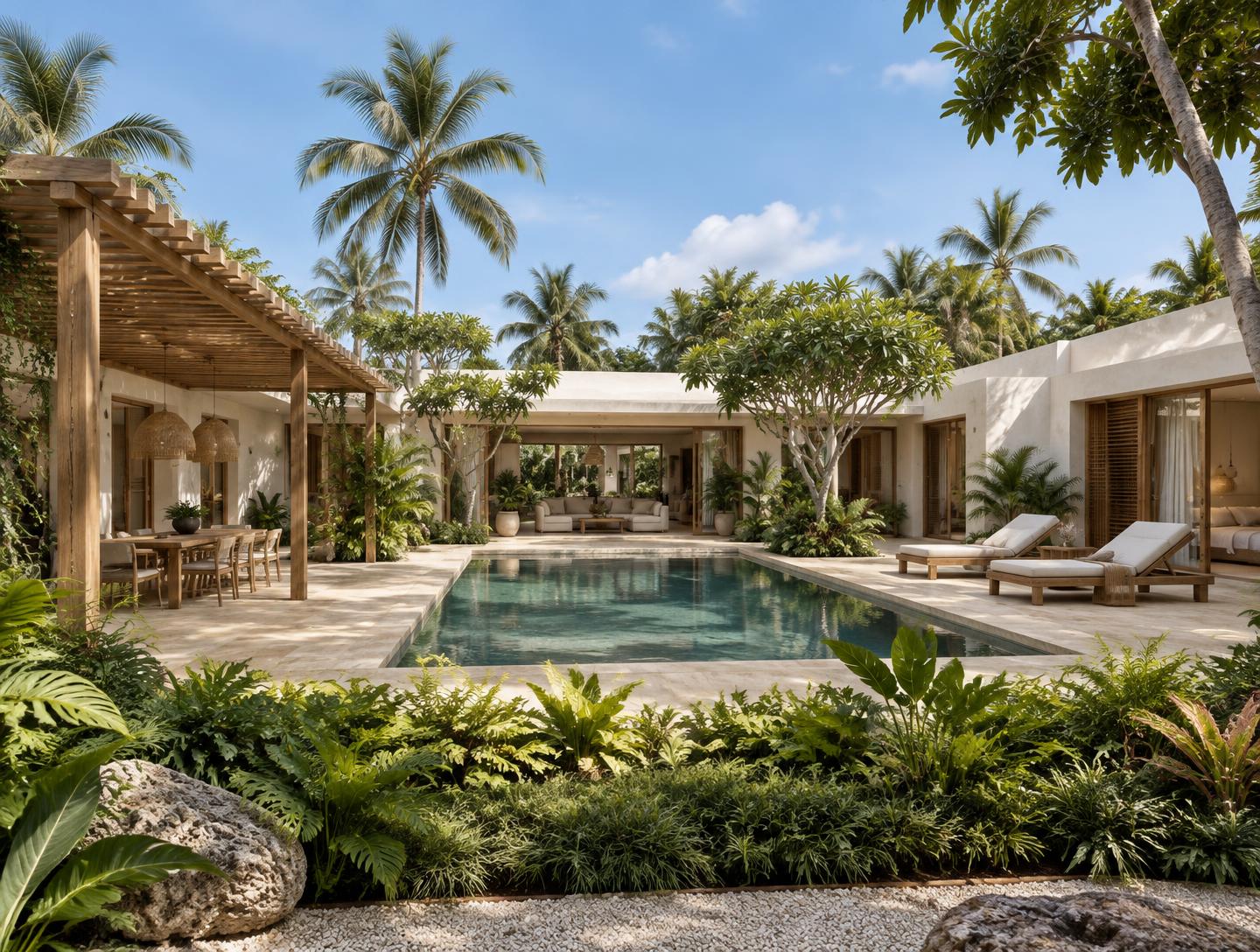 Concepto arquitectónico de villa alrededor de un patio tropical con piscina